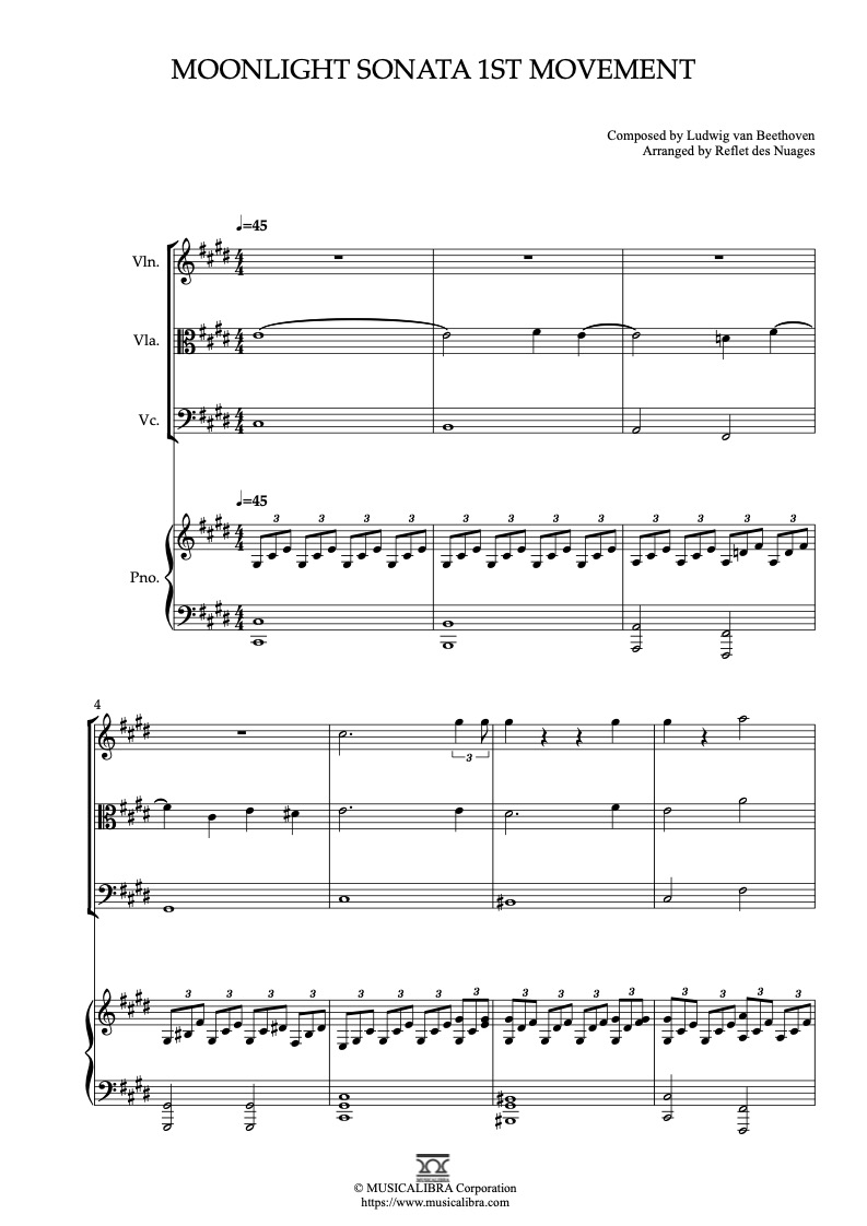 Partitura de Beethoven Moonlight Sonata 1st Movement arreglada para cuarteto de violín, viola, violonchelo y piano