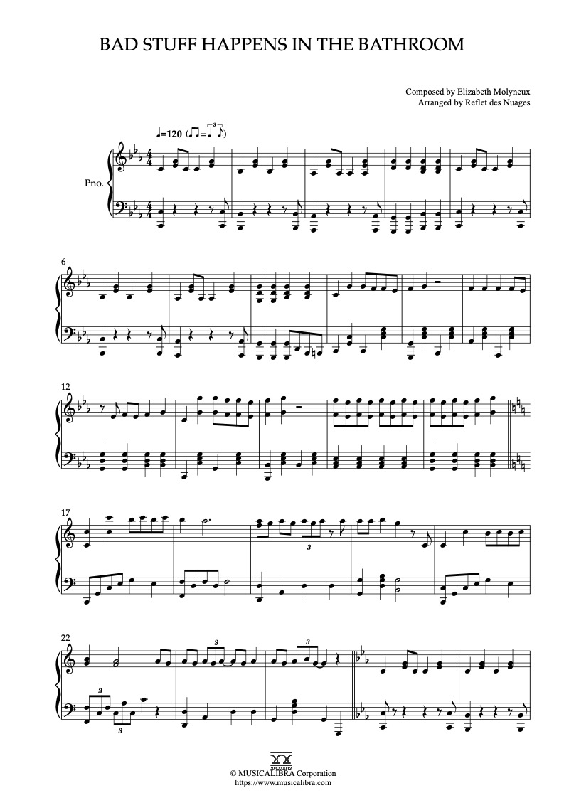 Sheet music of Bob's Burgers Bad Stuff Happens in the Bathroom arranged for piano solo preview page 1