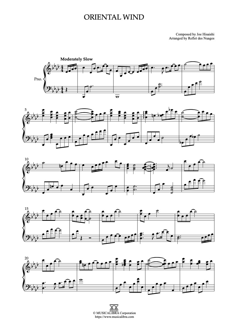 Partitura de Joe Hisaishi Oriental Wind arreglada para piano solo