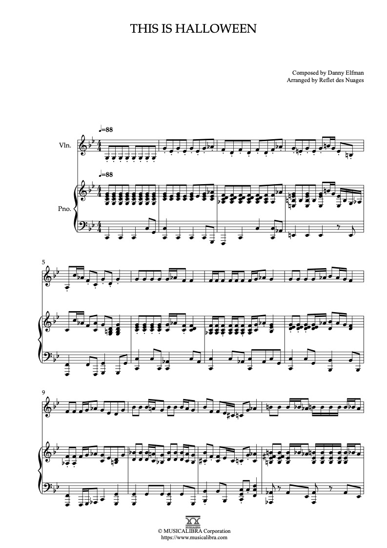 Sheet music of The Night Before Christmas Theme This Is Halloween arranged for violin and piano duet chamber ensemble preview page 1