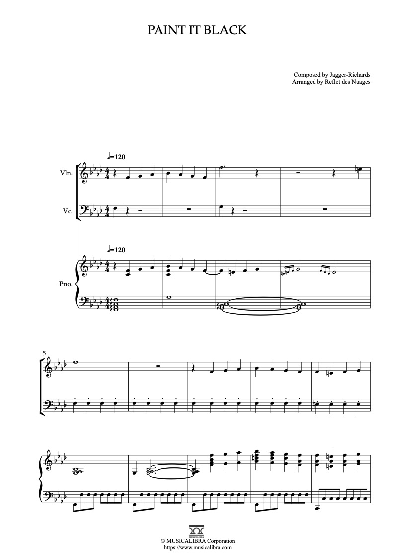 Partitura de The Rolling Stones Paint It Black arreglada para trío de violín, violonchelo y piano
