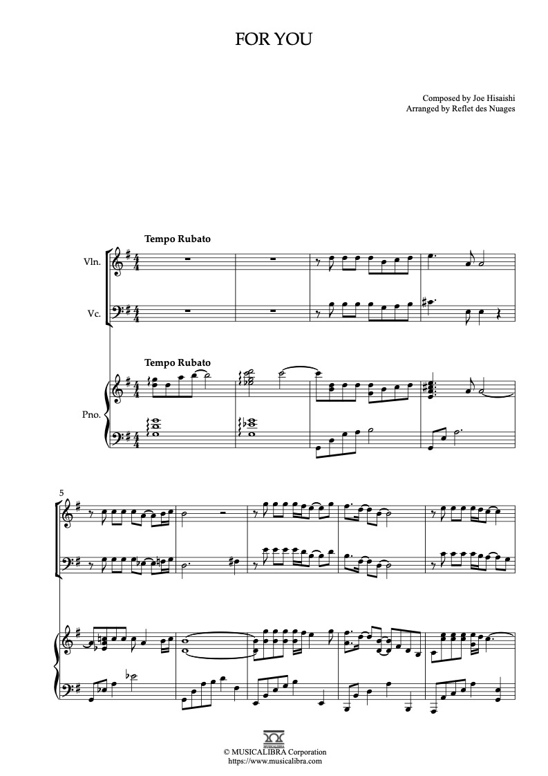 Sheet music of Joe Hisaishi For You arranged for violin, cello and piano trio chamber ensemble preview page 1