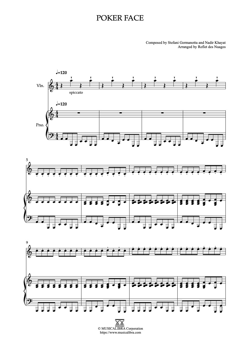 Sheet music of Lady Gaga Poker Face arranged for violin and piano duet chamber ensemble preview page 1