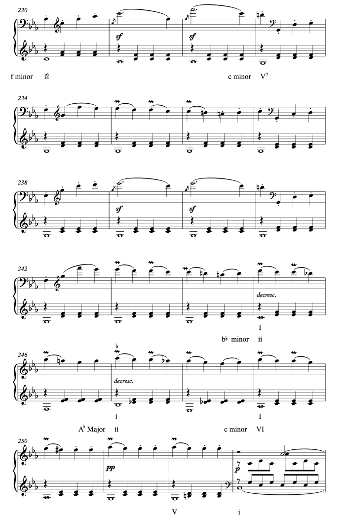 Analysis of Beethoven Piano Sonata No. 8 in C minor, Op. 13, "Sonata Pathétique" - mm. 230 - 253. Recapitulation