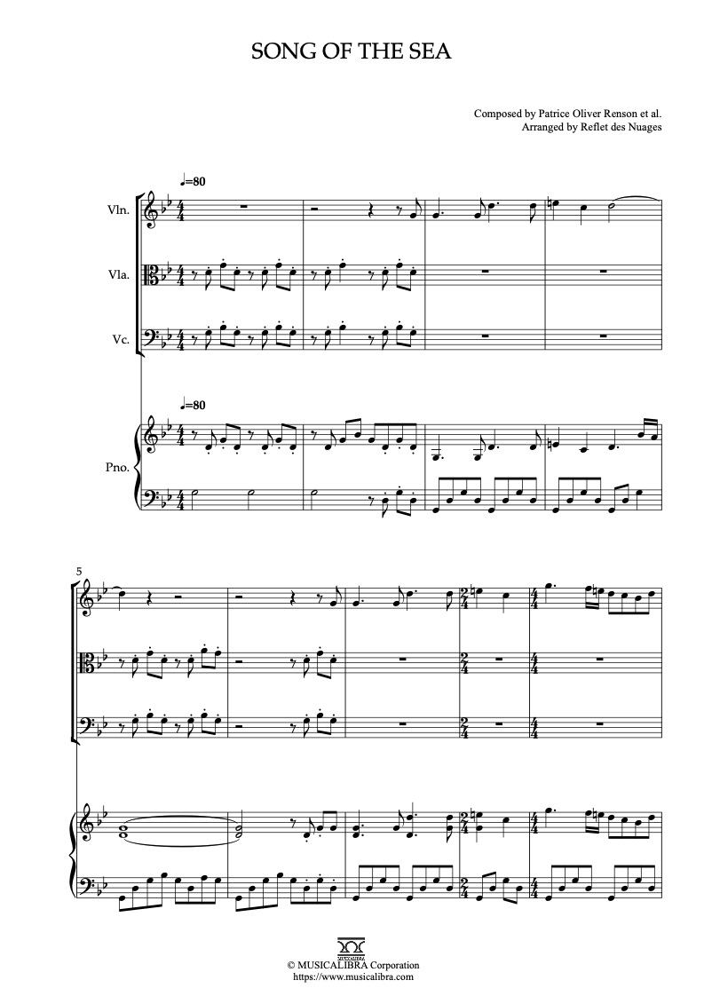 Partitura de Song of the Sea arreglada para cuarteto de violín, viola, violonchelo y piano