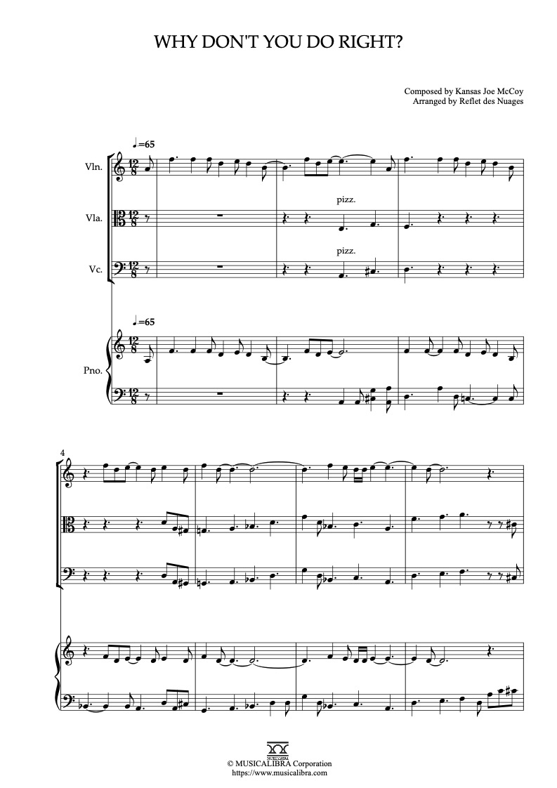 Sheet music of Who Framed Roger Rabbit Why Don't You Do Right? arranged for violin, viola, cello and piano quartet chamber ensemble preview page 1