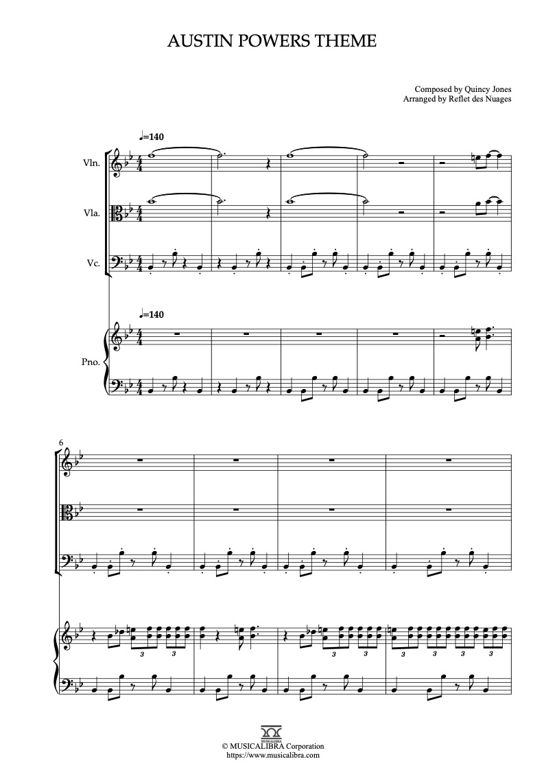 Sheet music of Austin Powers Theme arranged for violin, viola, cello and piano quartet chamber ensemble preview page 1