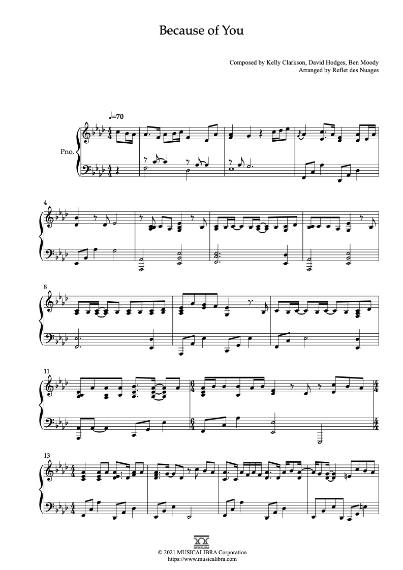 Sheet music of Richard Sanderson La Boum Kelly Clarkson Because of You arranged for piano solo preview page 1