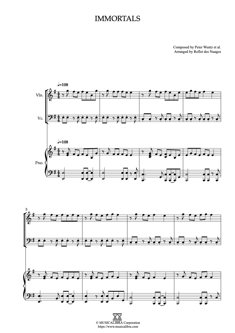 Partitura de Big Hero 6 Immortals arreglada para trío de violín, violonchelo y piano