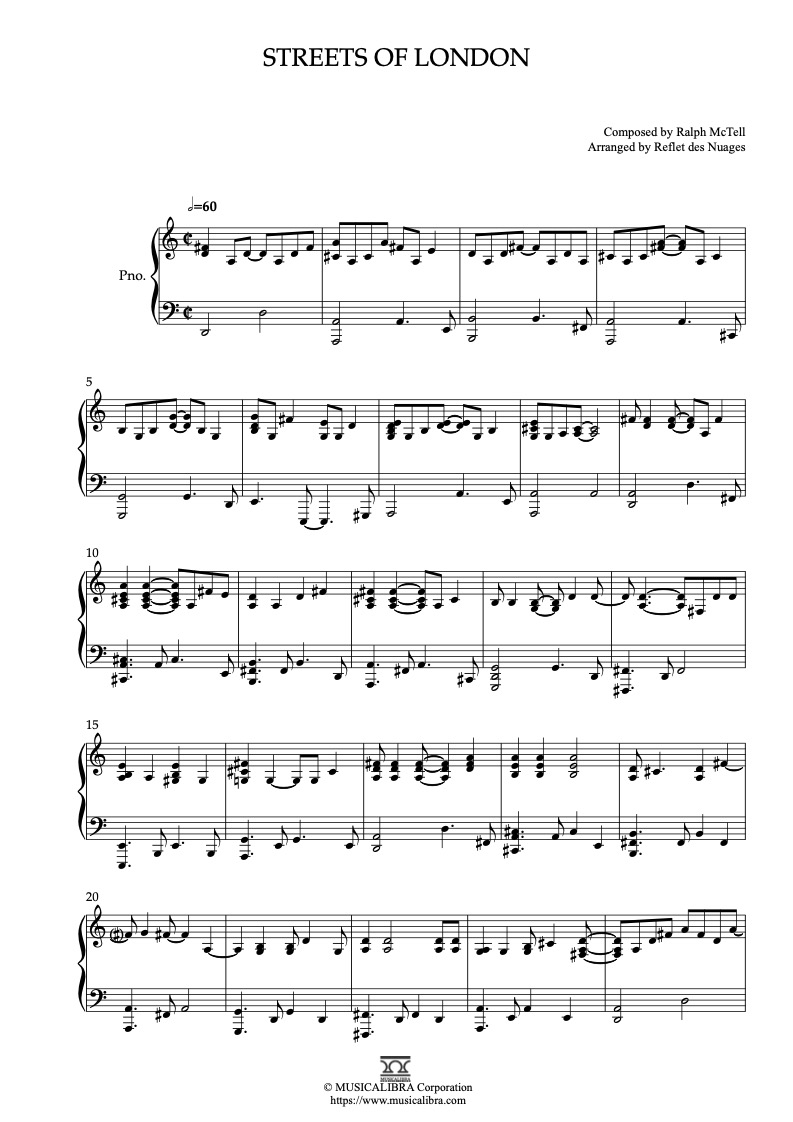 Sheet music of Streets of London arranged for piano solo preview page 1