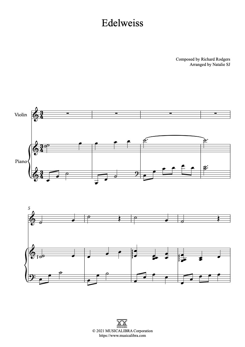 Sheet music of Edelweiss arranged for violin and piano duet preview page 1