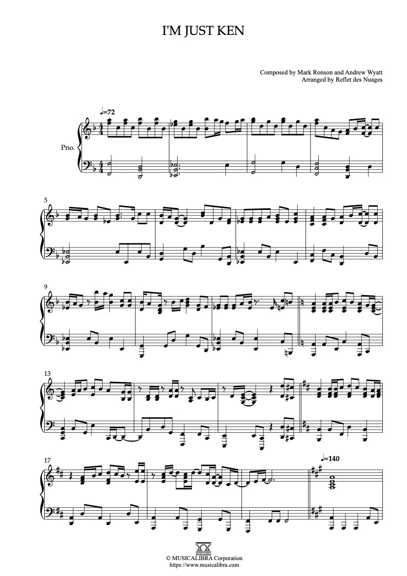 Partitura de Ryan Gosling I'm Just Ken arreglada para piano solo