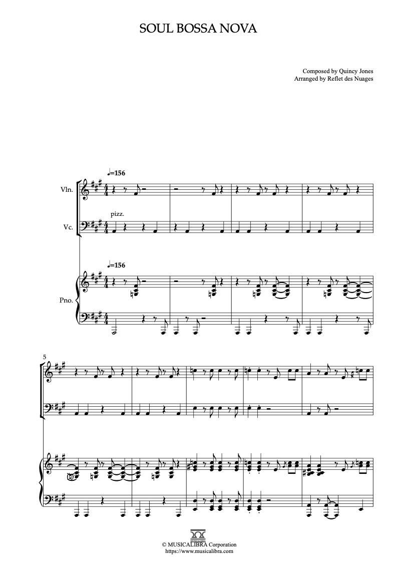 Sheet music of Austin Power Theme Soul Bossa Nova arranged for violin, cello and piano trio chamber ensemble preview page 1