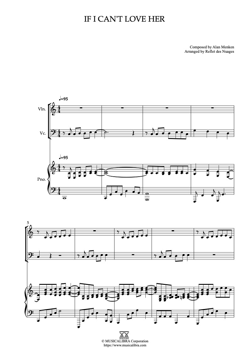Partitura de Beauty and the Beast Theme If I Can't Love Her arreglada para trío de violín, violonchelo y piano