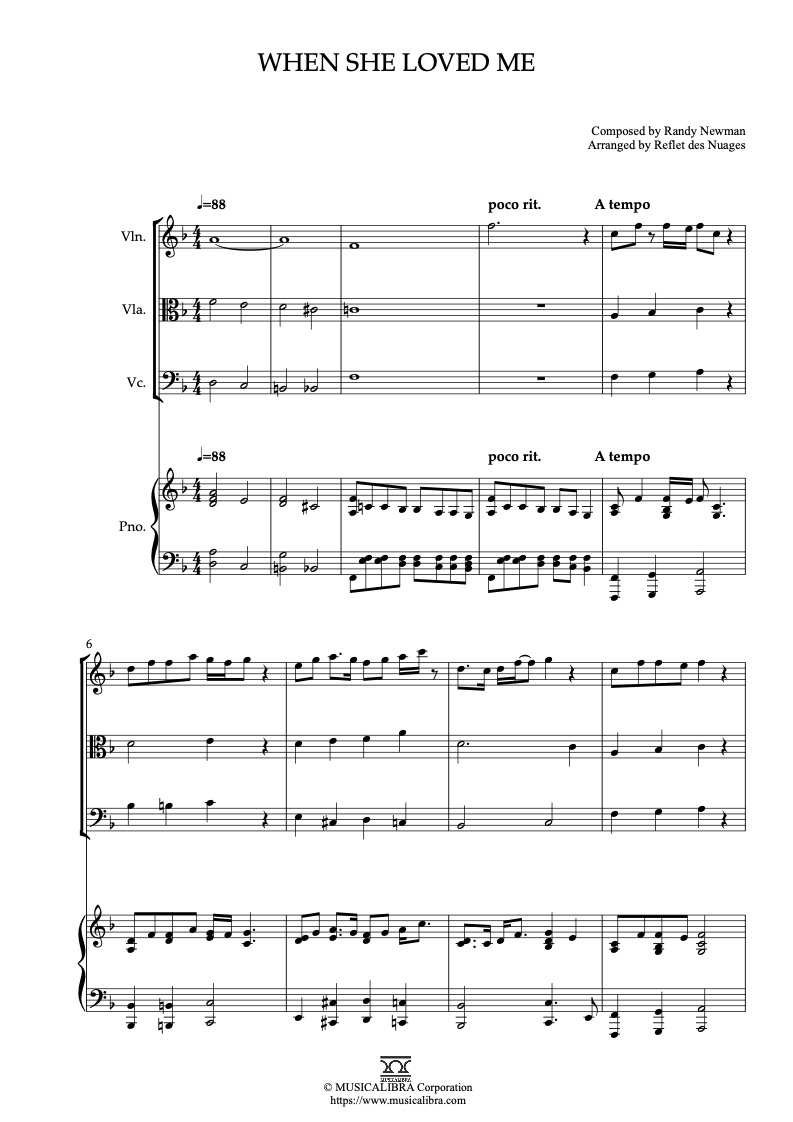 Sheet music of Toy Story 2 When She Loved Me arranged for violin, viola, cello and piano quartet chamber ensemble preview page 1