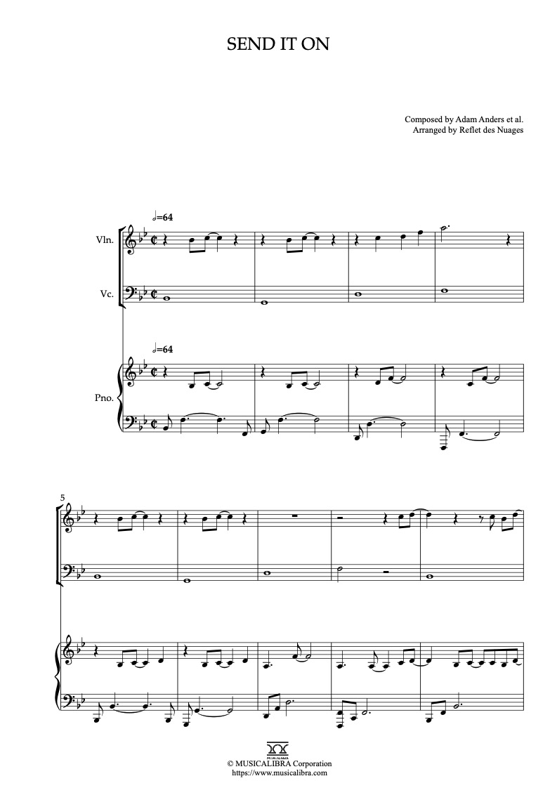 Partitura de Friends for Change Send It On arreglada para trío de violín, violonchelo y piano