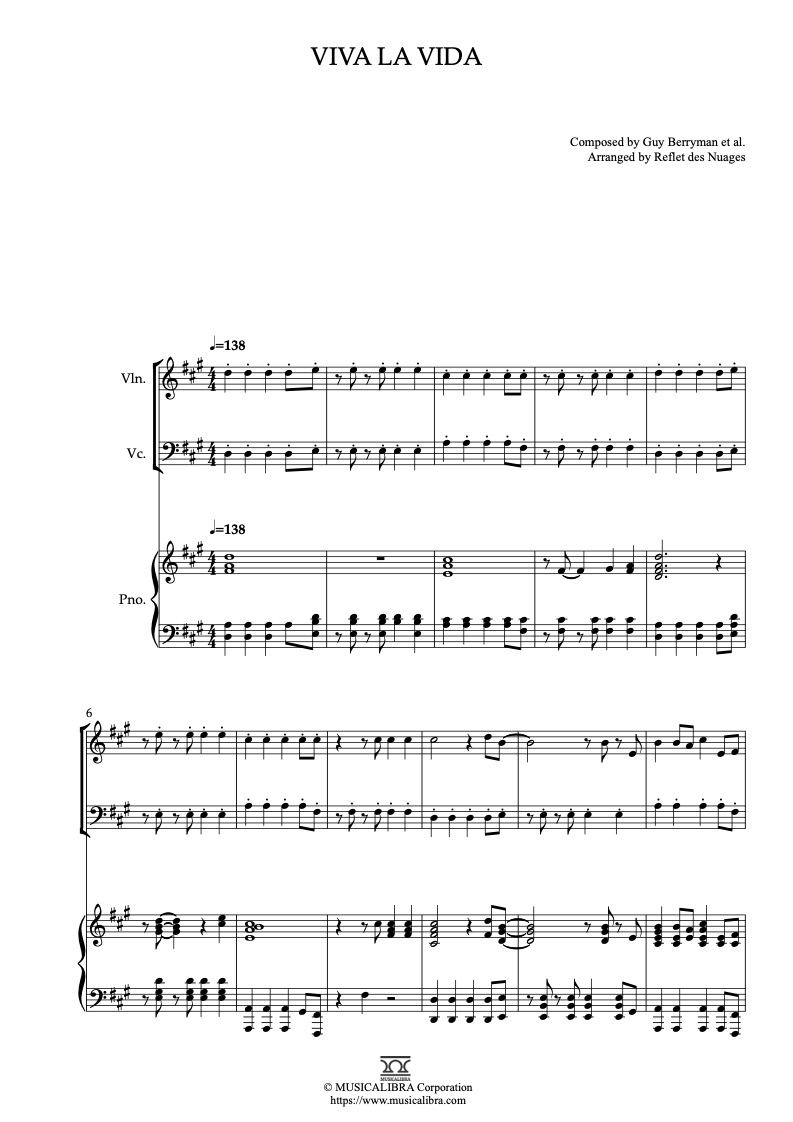 TRIO SHEET MUSIC] Viva la Vida - Violin, Cello and Piano Chamber Ensemble :  Musicalibra
