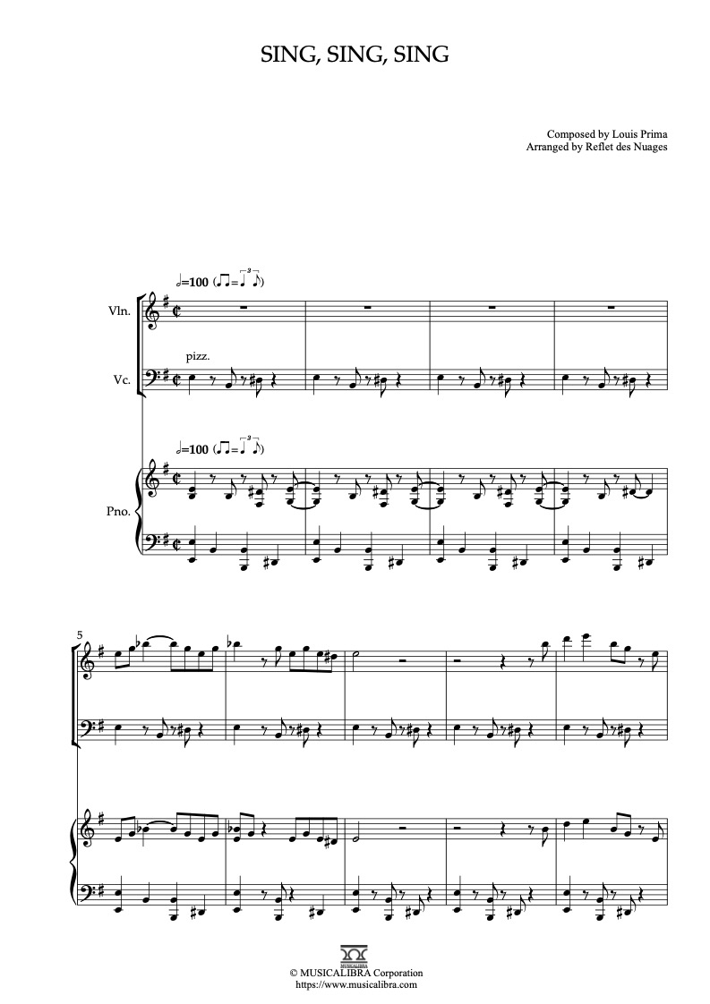 Sheet music of Sing, Sing, Sing arranged for violin, cello and piano trio chamber ensemble preview page 1