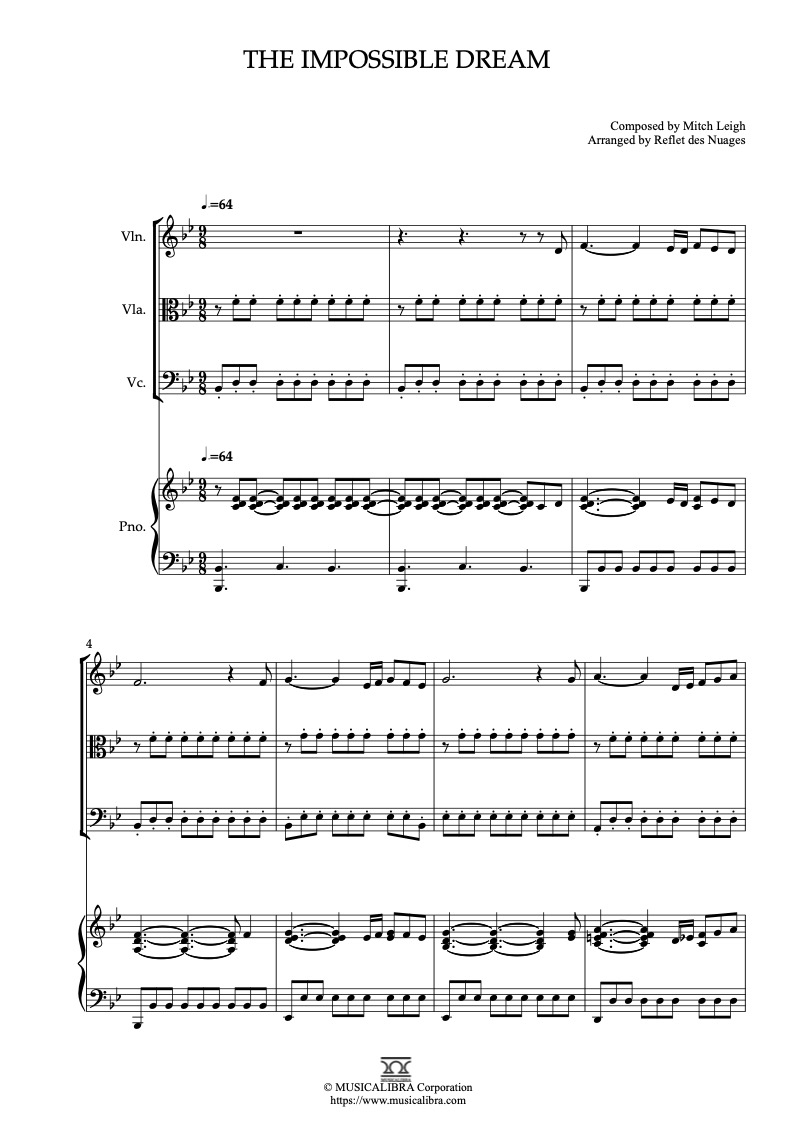 Sheet music of Man of La Mancha The Impossible Dream arranged for violin, viola, cello and piano quartet chamber ensemble preview page 1