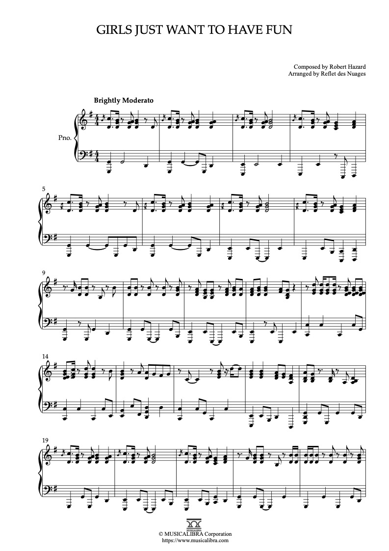 Partitura de Cyndi Lauper Girls Just Want to Have Fun arreglada para piano solo