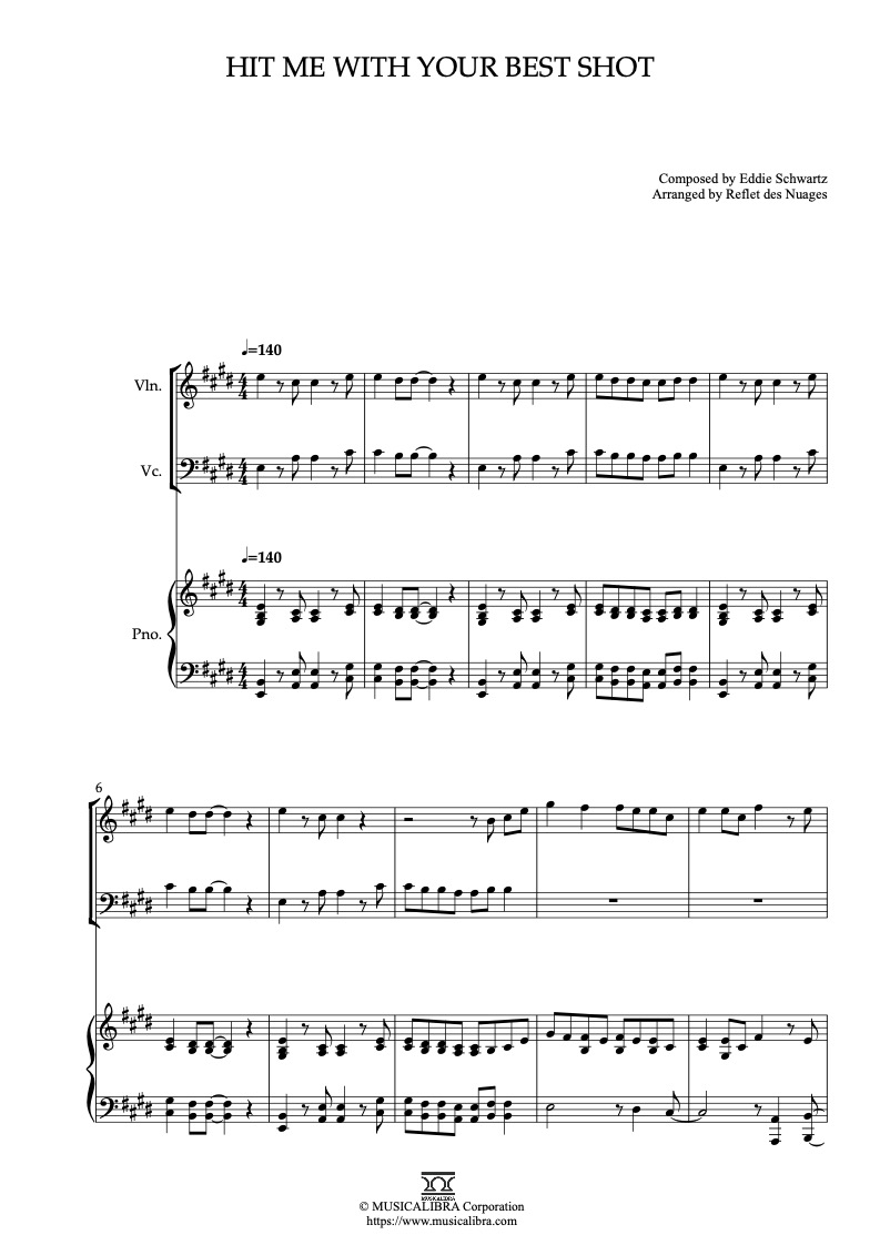 Sheet music of Pat Benatar Hit Me With Your Best Shot arranged for violin, cello and piano trio chamber ensemble preview page 1
