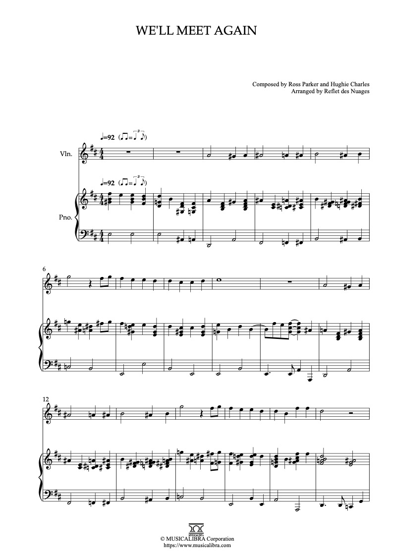 Sheet music of We'll Meet Again arranged for violin and piano duet chamber ensemble preview page 1