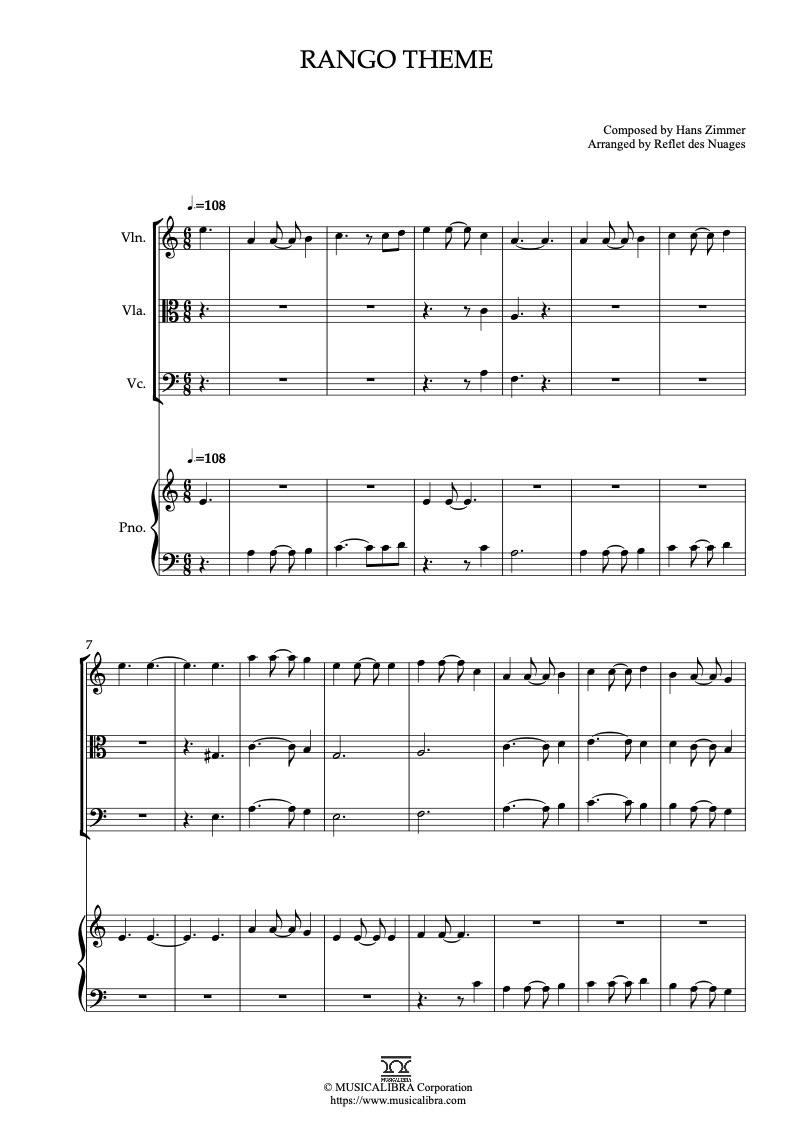 Rango Theme 四重奏 乐谱 - 小提琴, 中提琴, 大提琴, 钢琴