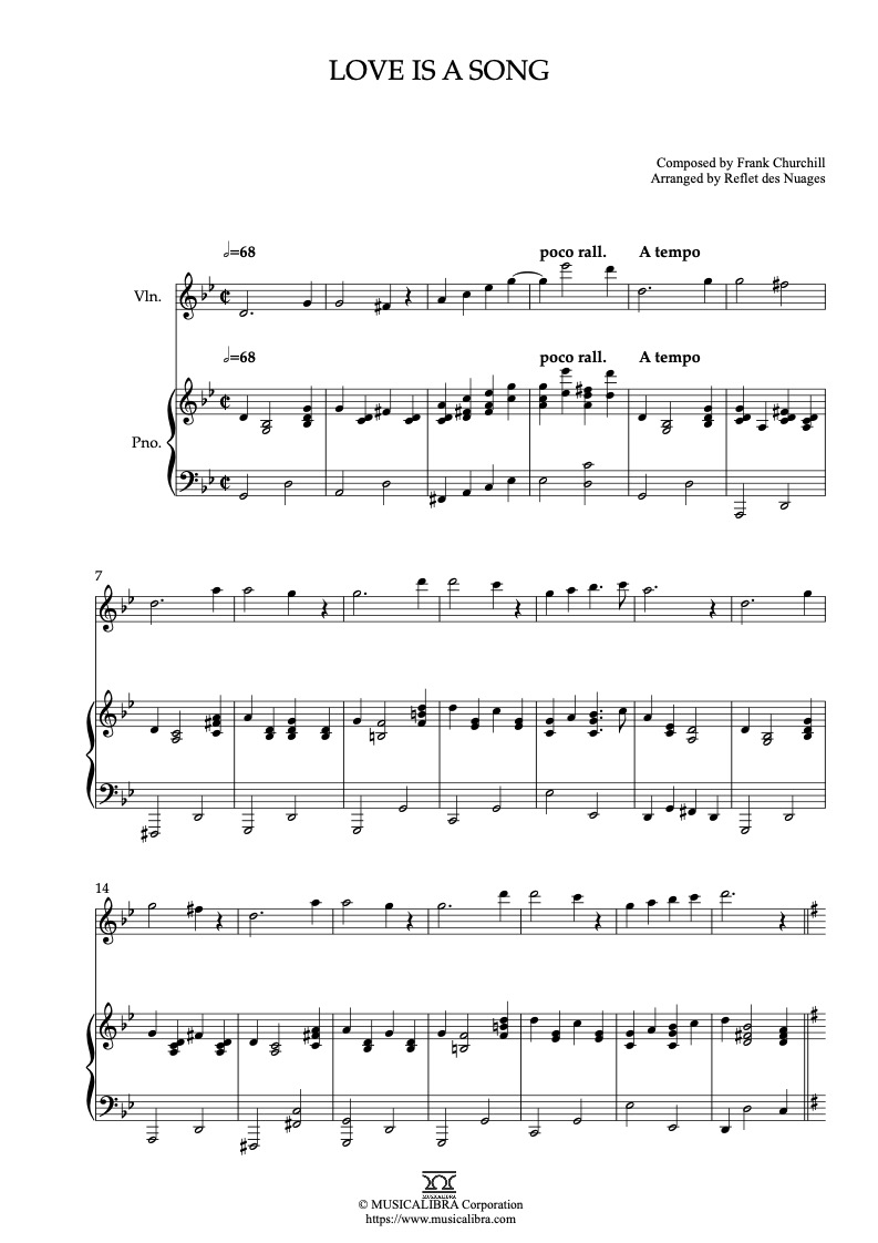 Partitura de Bambi Love Is a Song arreglada para dueto de violín y piano