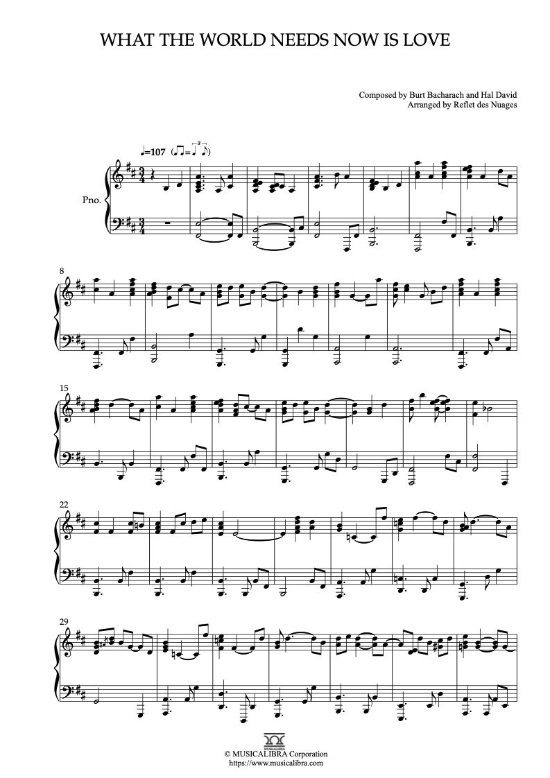 Sheet music of What the World Needs Now Is Love arranged for piano solo preview page 1