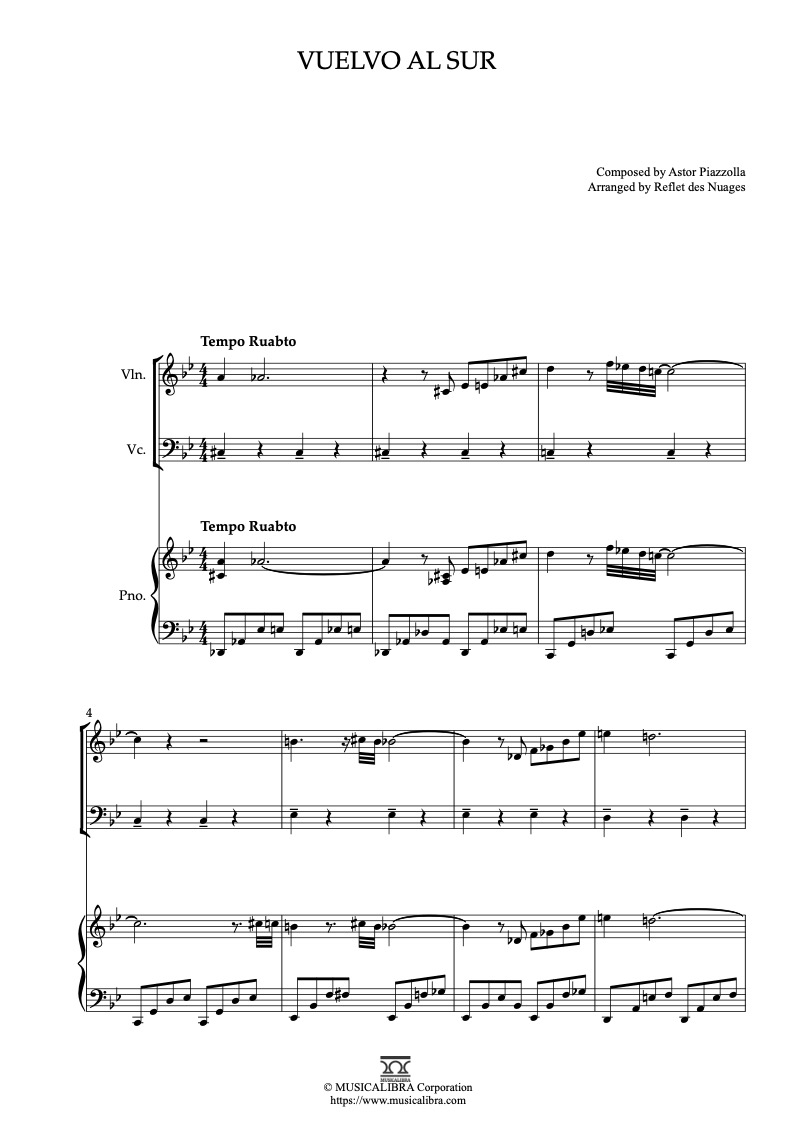 Astor Piazzola Vuelvo al Sur 三重奏 乐谱 - 小提琴, 大提琴, 钢琴