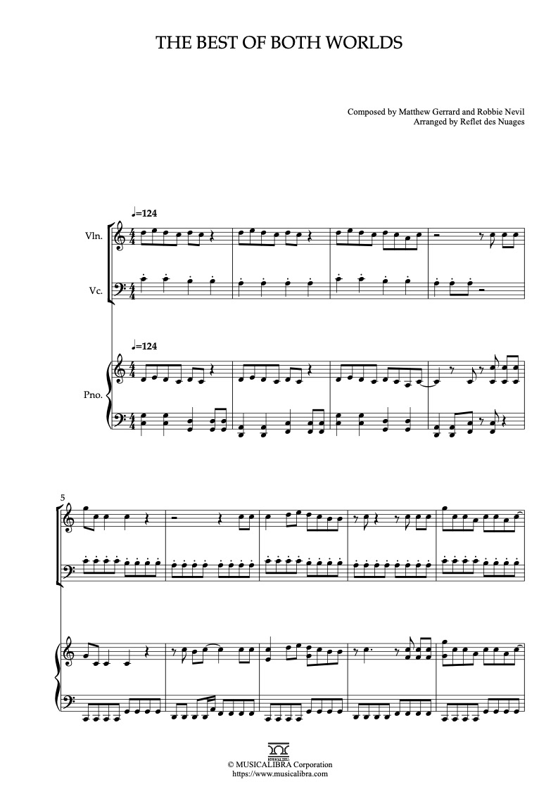 Hannah Montana The Best of Both Worlds 編曲楽譜 - ヴァイオリン、チェロ、ピアノトリオ