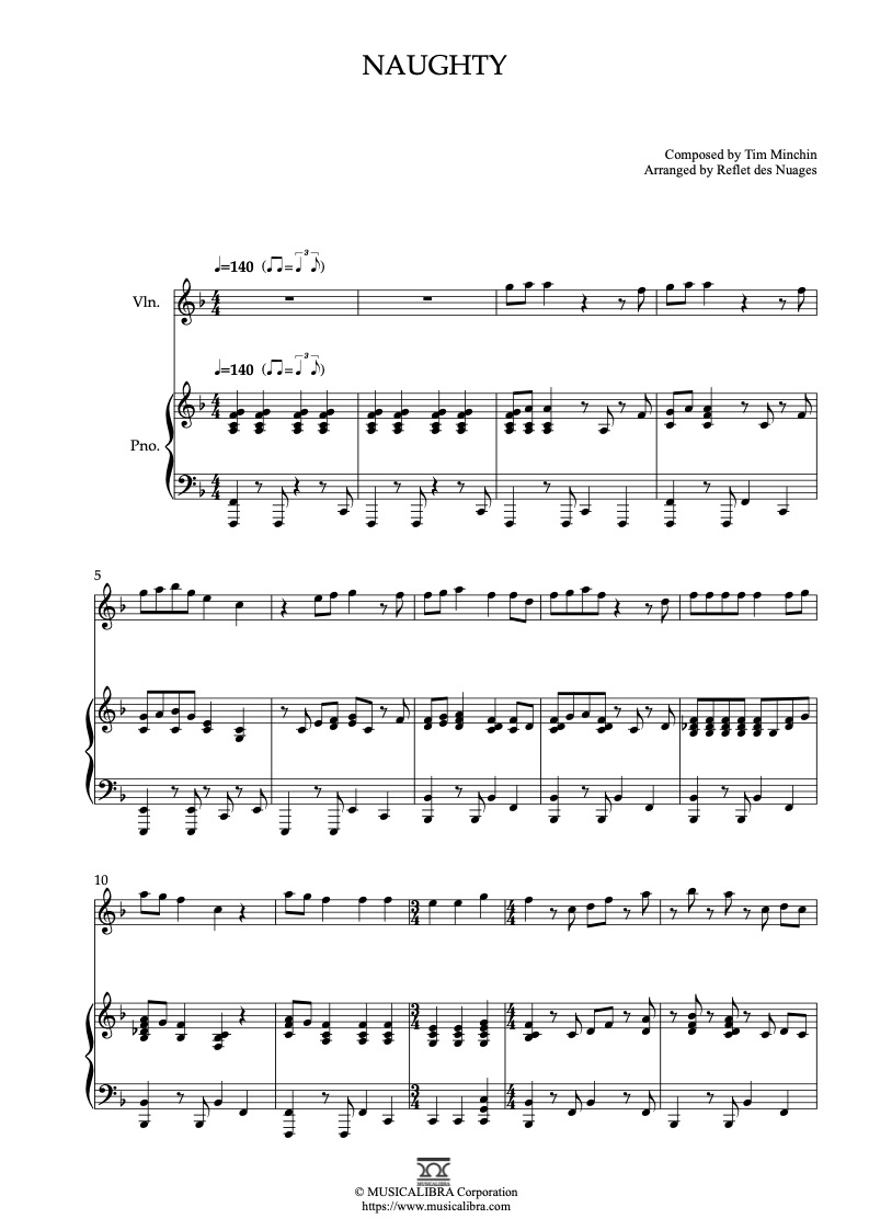 Sheet music of Matilda Theme Naughty arranged for violin and piano duet chamber ensemble preview page 1