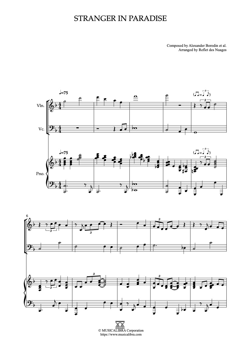 Partitura de Alexander Borodin Stranger in Paradise arreglada para trío de violín, violonchelo y piano