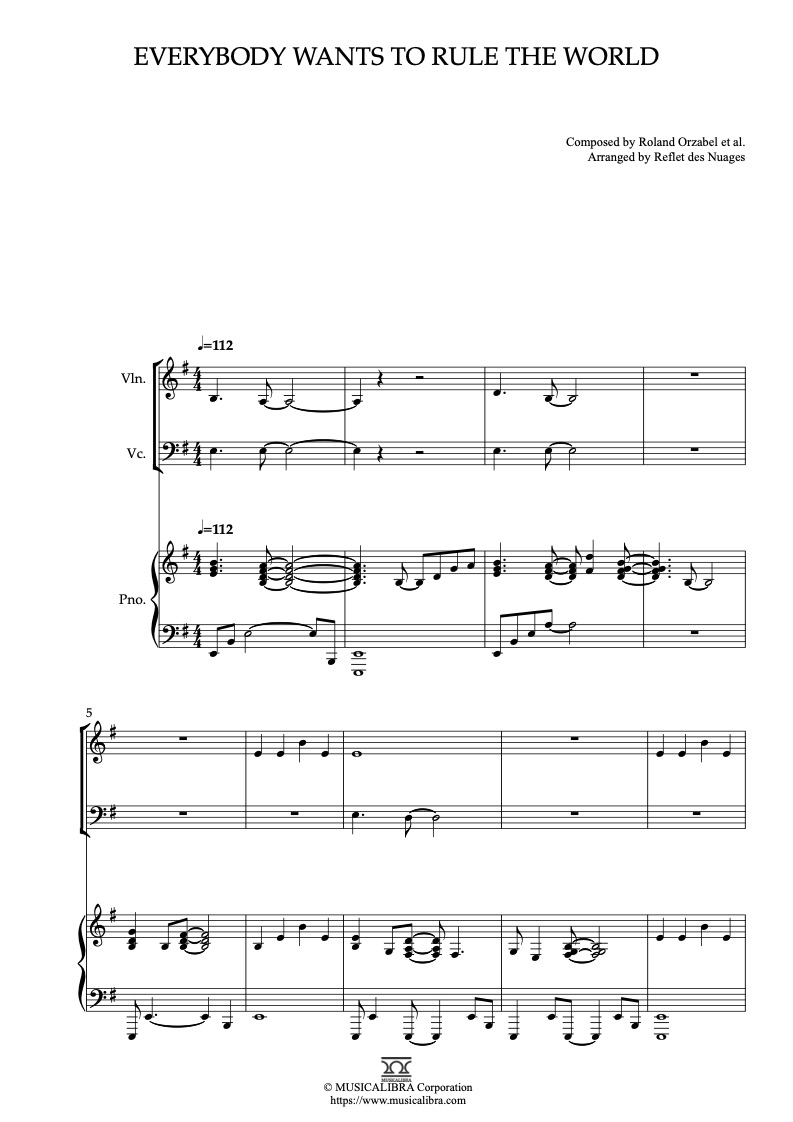 Tears for Fears Everybody Wants to Rule the World 三重奏 乐谱 - 小提琴, 大提琴, 钢琴