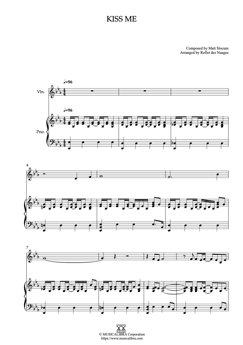 Partitura de Sixpence None the Richer Kiss Me arreglada para dueto de violín y piano