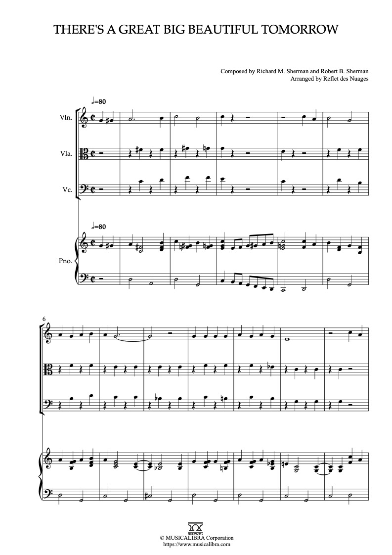 Sheet music of There’s a Great Big Beautiful Tomorrow arranged for violin, viola, cello and piano quartet chamber ensemble preview page 1