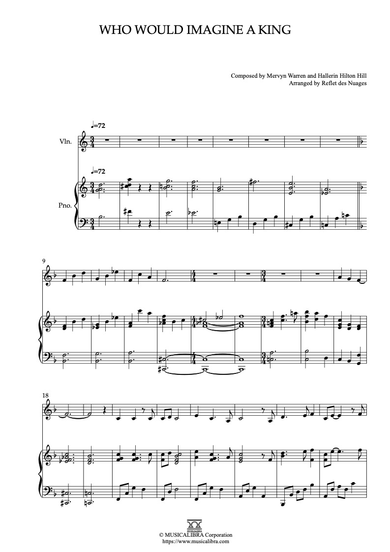 Sheet music of The Preacher's Wife Who Would Imagine a King arranged for violin and piano duet chamber ensemble preview page 1
