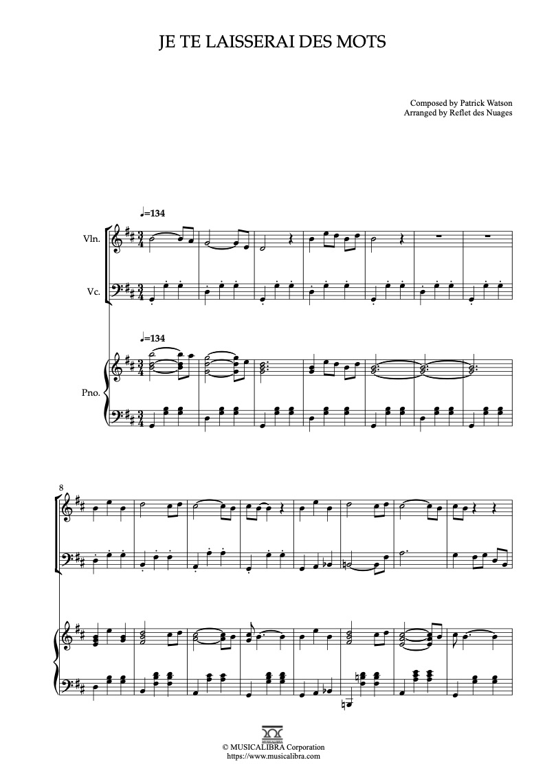 패트릭 왓슨 Patrick Watson Je te laisserai des mots 바이올린, 첼로, 피아노 트리오 실내악 앙상블 편곡 악보