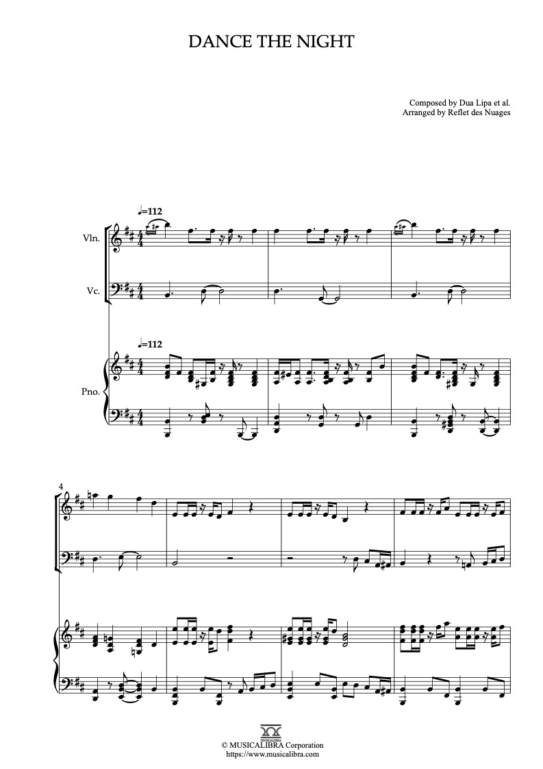 Dua Lipa Dance the Night 四重奏 乐谱 - 小提琴, 中提琴, 大提琴, 钢琴