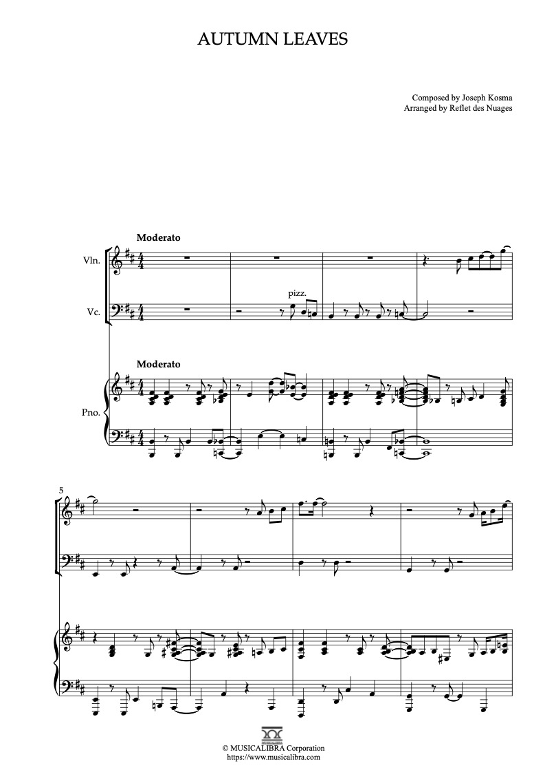 Sheet music of Autumn Leaves arranged for violin, cello and piano trio chamber ensemble preview page 1