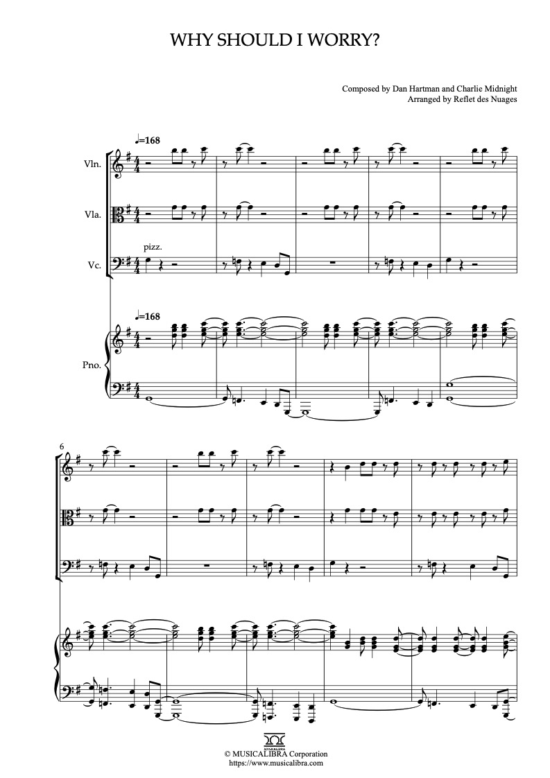 Sheet music of Oliver and Company Why Should I Worry? arranged for violin, viola, cello and piano quartet chamber ensemble preview page 1
