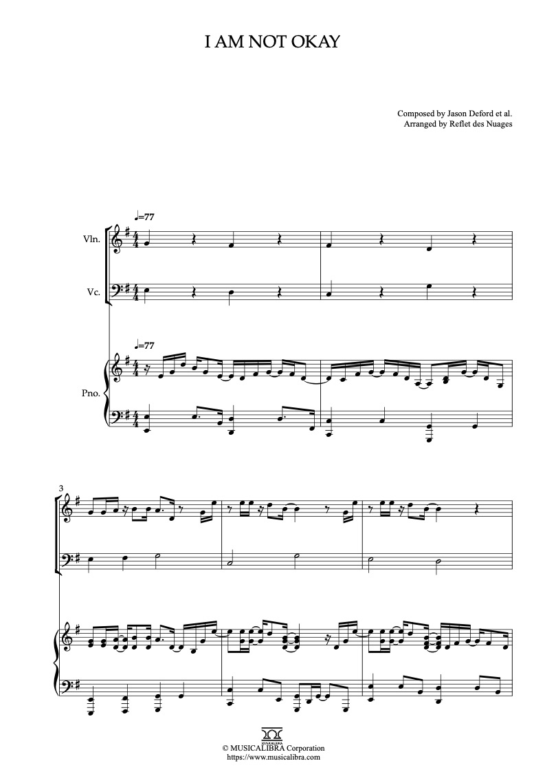 Sheet music of Jelly Roll I Am Not Okay arranged for violin, cello and piano trio chamber ensemble preview page 1