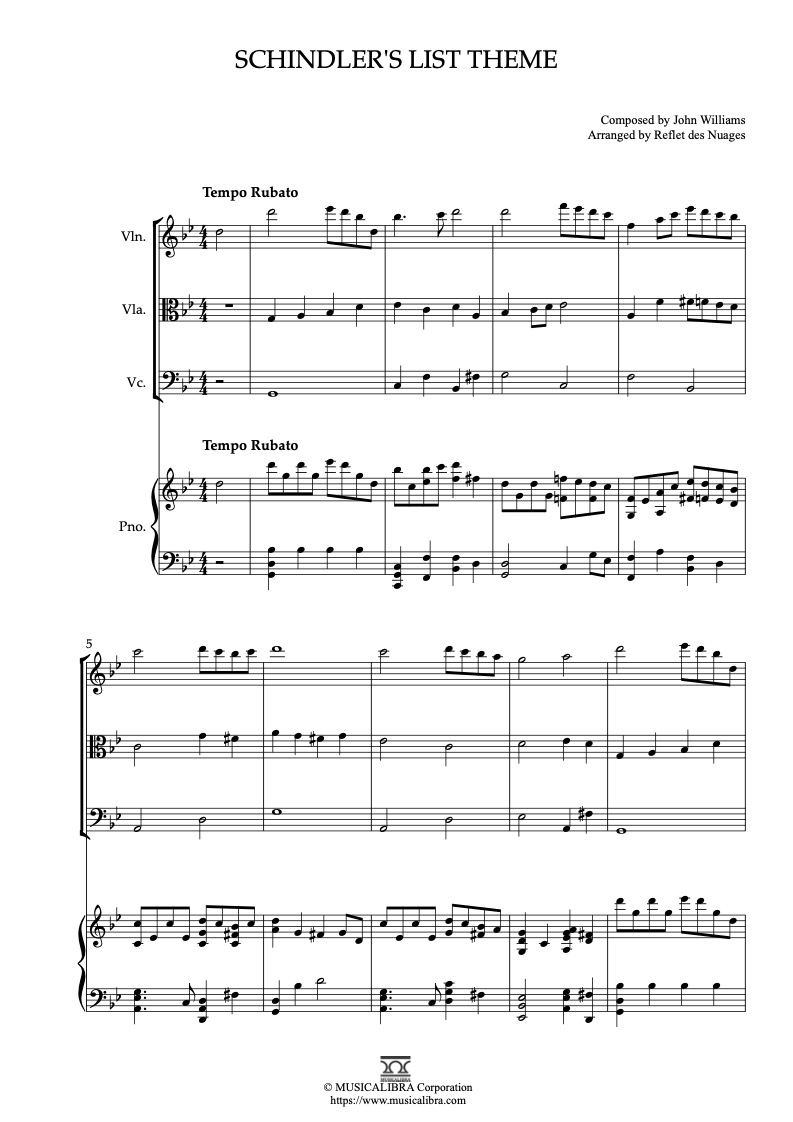 Theme From Schindler's List 四重奏 樂譜 - 小提琴, 中提琴, 大提琴, 鋼琴