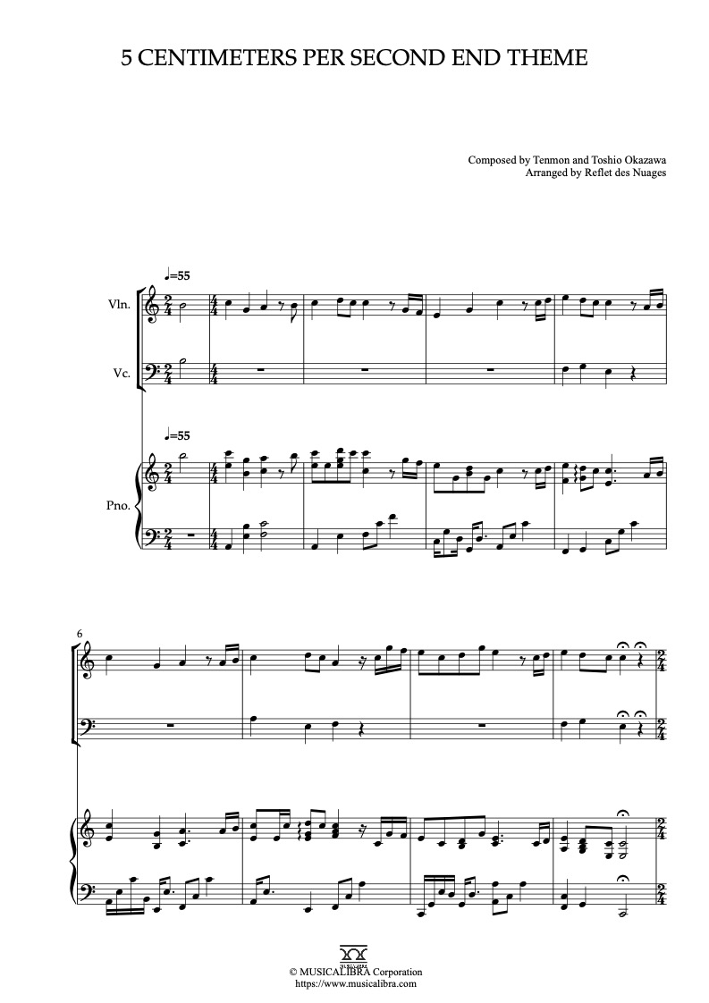 Sheet music of 5 Centimeters Per Second End Theme arranged for violin, cello and piano trio chamber ensemble preview page 1