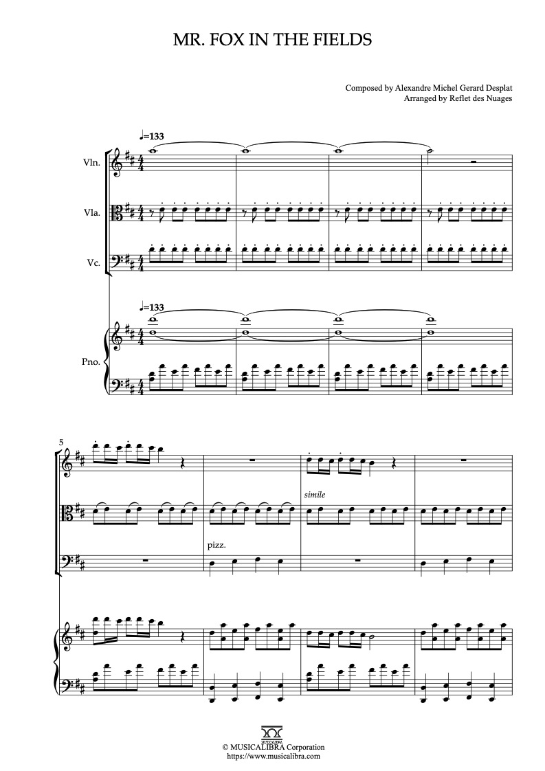 Partitura de Fantastic Mr. Fox Mr. Fox in the Fields arreglada para cuarteto de violín, viola, violonchelo y piano