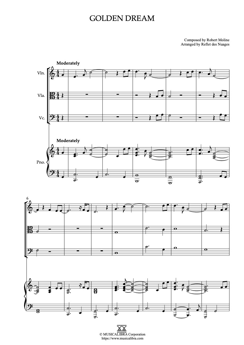 Partitura de Golden Dream arreglada para cuarteto de violín, viola, violonchelo y piano