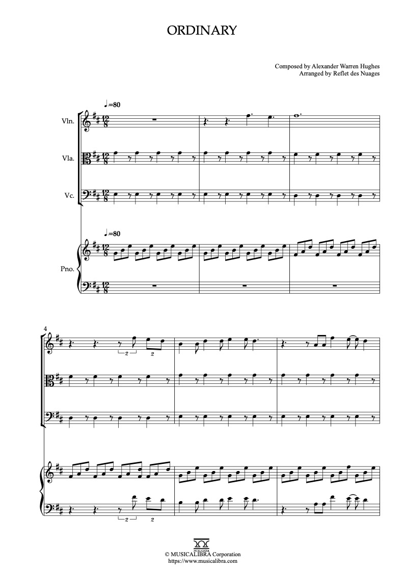 Partitura de Alex Warren Ordinary arreglada para cuarteto de violín, viola, violonchelo y piano
