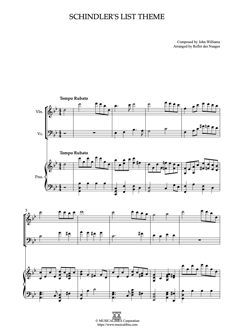 Theme From Schindler's List 바이올린, 첼로, 피아노 트리오 실내악 앙상블 편곡 악보