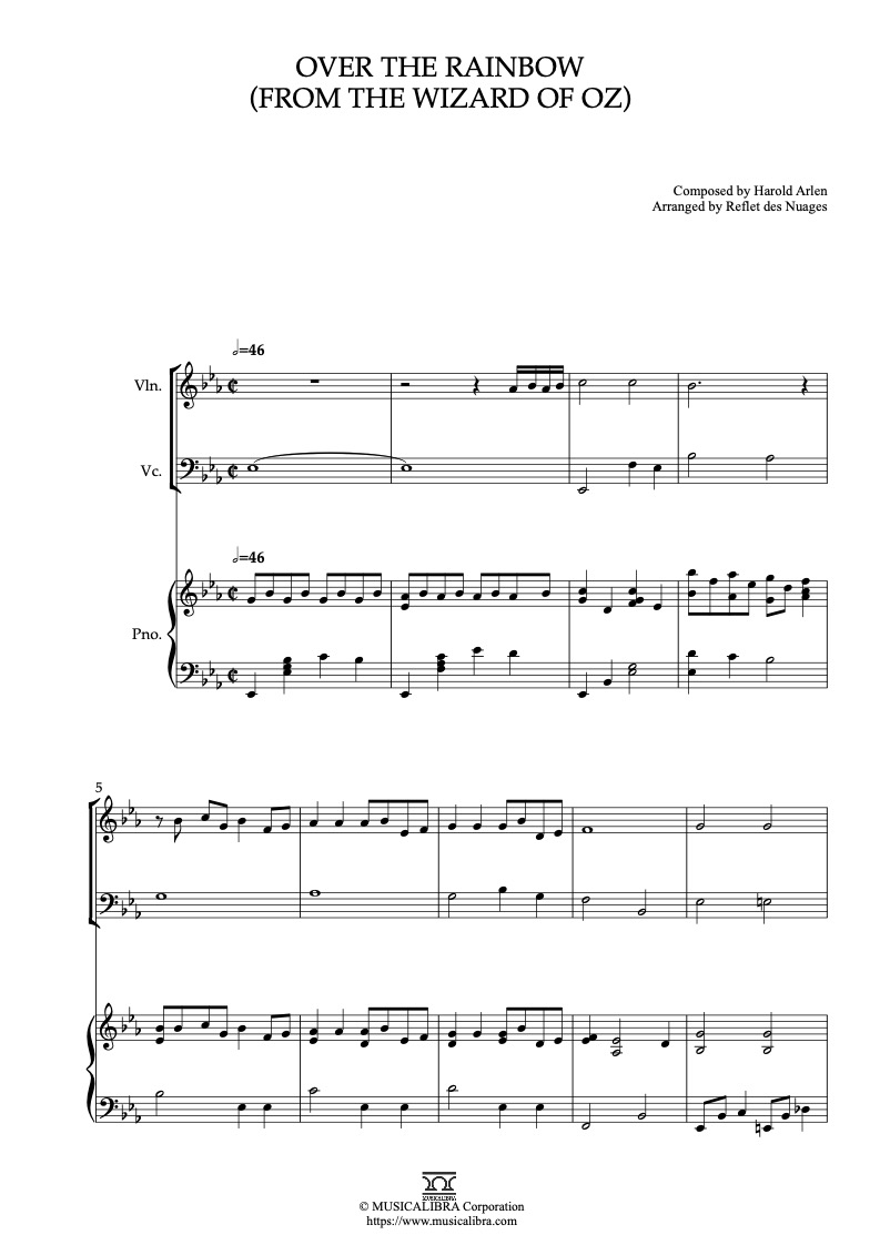 Sheet music of The Wizard of Oz Over the Rainbow arranged for violin, cello and piano trio chamber ensemble preview page 1