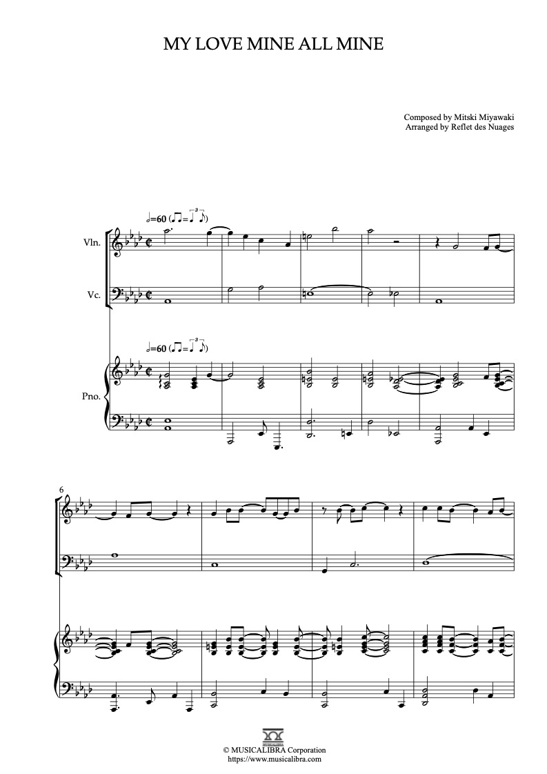 Sheet music of Mitski My Love Mine All Mine arranged for violin, cello and piano trio chamber ensemble preview page 1